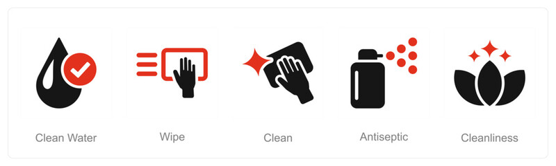 A set of 5 Hygiene icons as clean water, wipe, clean