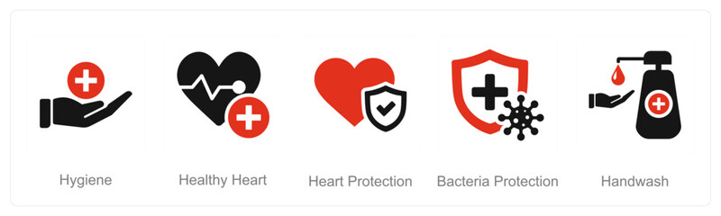 A set of 5 Hygiene icons as hygiene, healthy heart, heart protection