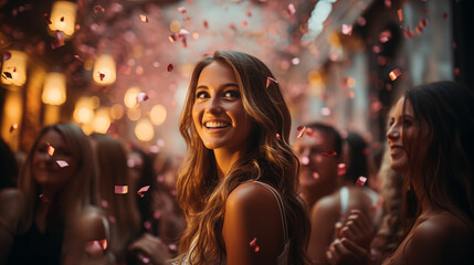 A beautiful, happy, smiling girl rejoices and has fun at her bachelorette party before the wedding.