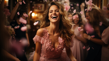 A beautiful, happy, smiling girl rejoices and has fun at her bachelorette party before the wedding.