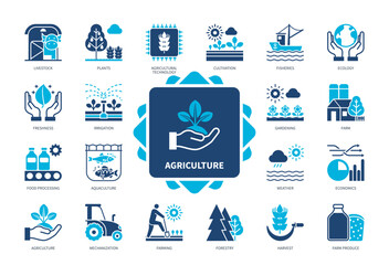 Agriculture icon set. Plants, Livestock, Farming, Ecology, Farms Produce, Irrigation, Cultivation, Aquaculture. Duotone color solid icons