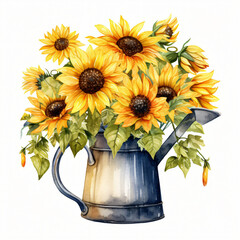 Watercolor Sunflower watering jar Clipart Isolated on white background 