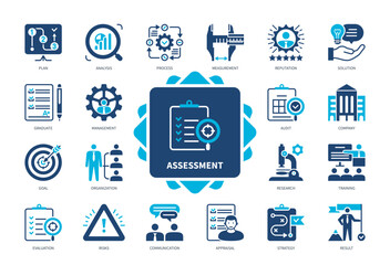 Assessment icon set. Communication, Goal, Audit, Measurement, Process, Risks, Solution, Analysis, Result. Duotone color solid icons