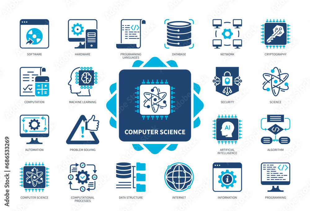 Fototapete computer science icon set. computation, automation, software, science, algorithm, data structure, pr