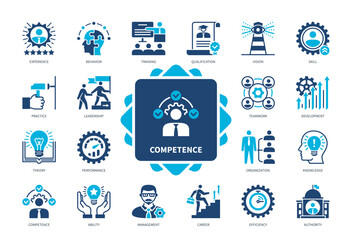 Competence icon set. Theory, Efficiency, Teamwork, Authority, Ability, Qualification, Vision, Development. Duotone color solid icons