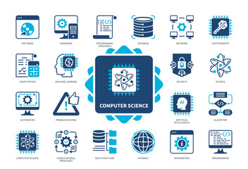 Computer Science icon set. Computation, Automation, Software, Science, Algorithm, Data Structure, Problem Solving, Hardware. Duotone color solid icons