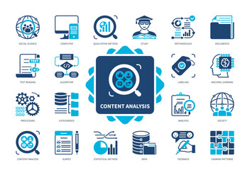 Content Analysis icon set. Statistical Method, Machine Learning, Algorithm, Social Science, Qualitative Method, Labeling, Survey, Computer. Duotone color solid icons