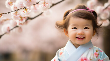 Asian baby girl in kimono with cherry blossoms