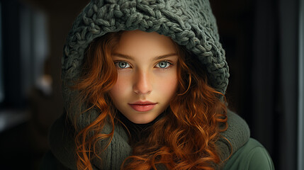A beautiful girl with red hair and blue eyes is looking into the camera.