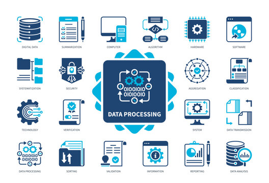 Data Processing icon set. Data, Validation, Aggregation, Summarisation, Data Analysis, Classification, Verification, Reporting. Duotone color solid icons