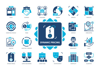 Dynamic Pricing icon set. Market, Sales, Strategy, Products, Supply and Demand, Competitors, Consumers, Forecasting. Duotone color solid icons