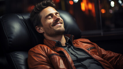 A man relaxes with his eyes closed on a leather couch - obrazy, fototapety, plakaty