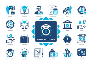 Financial Literacy icon set. Knowledge, Spending, Management, Business, Savings, Efficiency, Income, Planning. Duotone color solid icons - obrazy, fototapety, plakaty