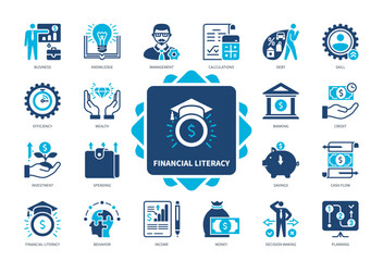 Financial Literacy icon set. Knowledge, Spending, Management, Business, Savings, Efficiency, Income, Planning. Duotone color solid icons