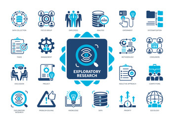 Exploratory Research icon set. Tasks, Focus Group, Knowledge, Data Collection, Analysis, Sociology, Problem Solving, Systematization. Duotone color solid icons
