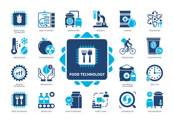 Food Technology icon set. Quality Control, Production, Pasteurization, Food Science, Aseptic Packaging, Preservation, Freeze Drying, Fermentation. Duotone color solid icons