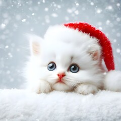 Cute little kitten looks at the falling snow