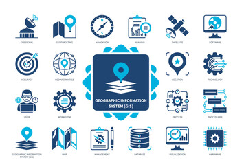 Geographic Information System GIS icon set. Database, Accuracy, Satellite, Geotargeting, Management, Navigation, Location, Software. Duotone color solid icons - obrazy, fototapety, plakaty