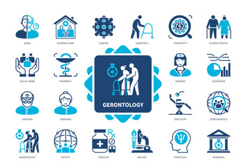 Gerontology icon set. Aging, Society, Elderly People, Demographics, Psychology, Nursing Home, Geriatrics, Cognitivity. Duotone color solid icons - obrazy, fototapety, plakaty