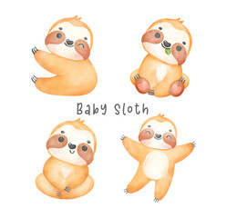 Adorable happy smile baby sloth cartoon watercolor nursery Illustration set
