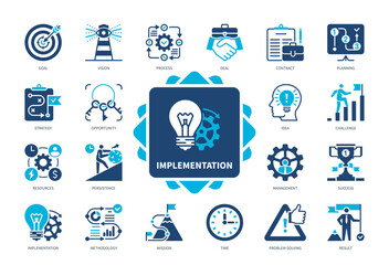 Implementation icon set. Opportunity, Goal, Planning, Vision, Strategy, Process, Problem Solving, Success. Duotone color solid icons