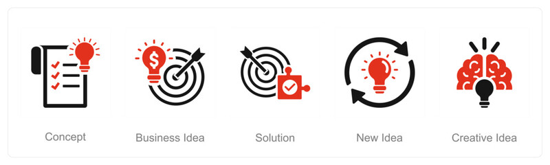 A set of 5 Idea icons as concept, business idea, solution