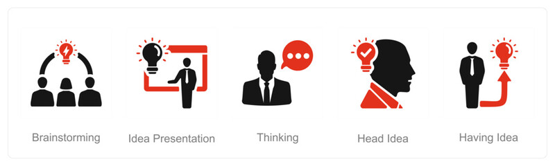 A set of 5 Idea icons as brainstorming, idea presentation, thinking