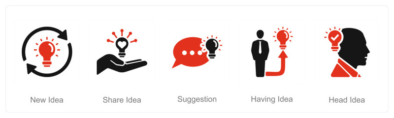 A set of 5 Idea icons as new idea, share idea, suggestion