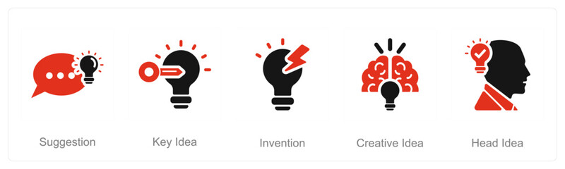 A set of 5 Idea icons as suggestion, key idea, invention