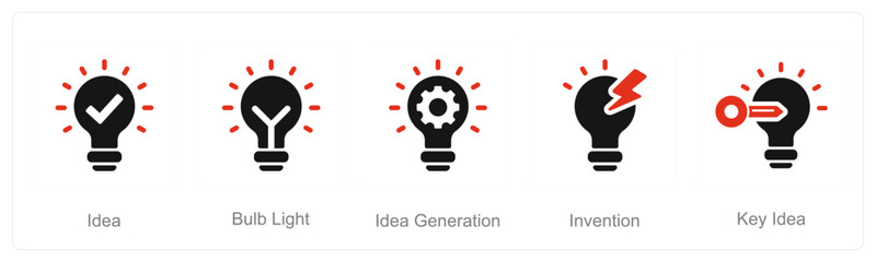 A set of 5 Idea icons as idea, bulb light, idea generation