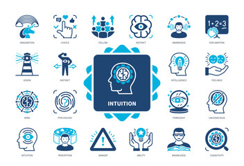 Intuition icon set. Imagination, Vision, Instinct, Psychology, Perception, Foresight, Unconsious, Cognitivity. Duotone color solid icons - obrazy, fototapety, plakaty