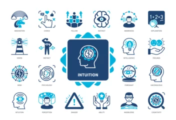 Muurstickers Intuition icon set. Imagination, Vision, Instinct, Psychology, Perception, Foresight, Unconsious, Cognitivity. Duotone color solid icons © Genestro