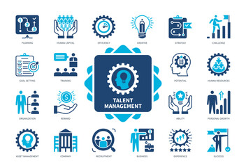 Talent Management icon set. Engagement, Ability, Efficiency, Aspiration, Potential, Creativity, HR Management, Human Resources. Duotone color solid icons