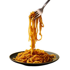Twirled spaghetti with sauce being lifted from a plate on a fork, transparent background. - obrazy, fototapety, plakaty