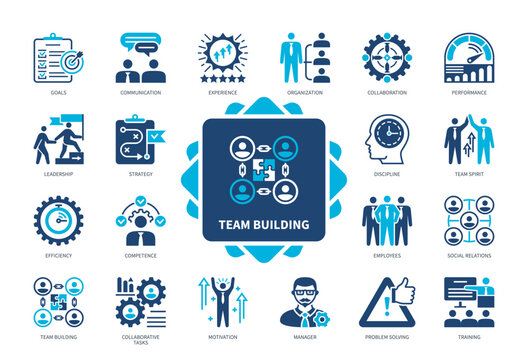 Team Building icon set. Team Spirit, Motivation, Training, Competency, Collaboration, Communication, Goal, Social Relations. Duotone color solid icons