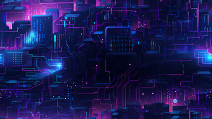 Seamless pattern background with a futuristic cyberpunk vibe. Neon lights, circuitry patterns, and futuristic elements blend together, creating a dynamic and edgy pattern