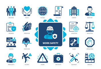 Work Safety icon set. Protection, Hazard, First Aid Kit, Precautions, Health, Equipment, Training. Duotone color solid icons