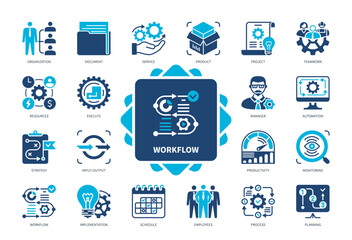 Workflow icon set. Teamwork, Strategy, Project, Schedule, Manager, Resources, Process, Documentation. Duotone color solid icons