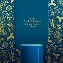 Holiday Christmas showcase blue background with 3d podium and Christmas floral decoration. New Year poster or greeting card. Vector illustration