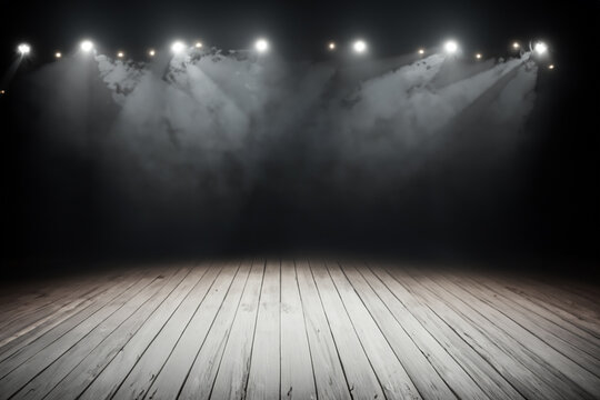 dark scene. stage with wooden floor, fog, spotlights and black background. wallpaper concept