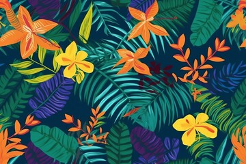 Seamless vibrant pattern featuring tropical leaves and flowers, creating a lively and exotic visual arrangement. - obrazy, fototapety, plakaty