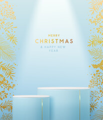 Holiday Christmas showcase blue background with 3d podium and Christmas floral decoration. New Year poster or greeting card. Vector illustration