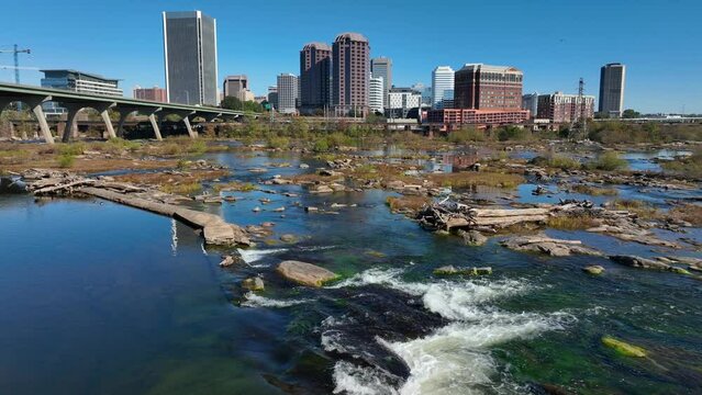 James River at Richmond, VA. Aerial view of white water and skyline of Virginia's capital city.