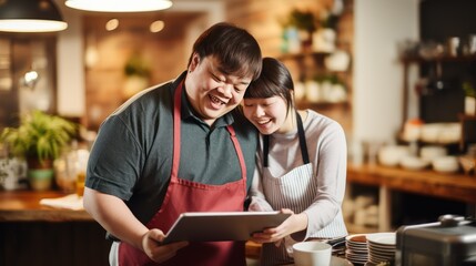 Asian man with Down syndrome learning and taking notes on a clipboard While the woman was teaching him to act as a waiter with copy space. - obrazy, fototapety, plakaty
