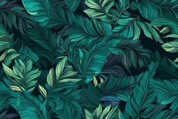 Seamless vibrant pattern featuring green tropical monstera leaves, creating a lively and exotic visual arrangement. - obrazy, fototapety, plakaty