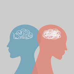 Metaphor bipolar disorder mind mental. Double face. Split personality. Concept mood disorder. 2 Head silhouette.Psychology. Mental health. Dual personality concept. Tangle and untangle