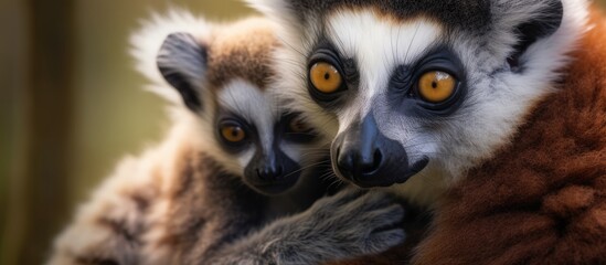 Obraz premium Baby lemur affectionately embraces its mother