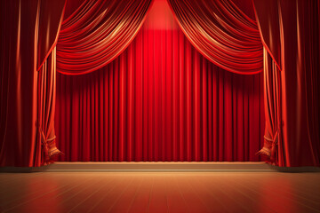 3d render style golden metallic stage podium with red theatre curtains, minimalist for product presentation