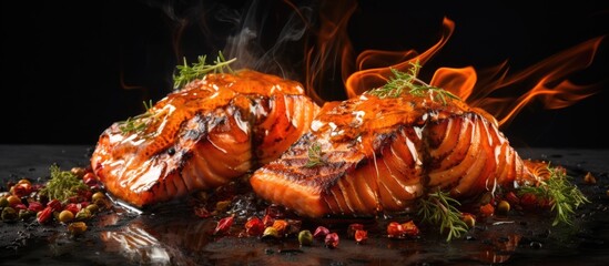 Delectable flaming salmon steaks.