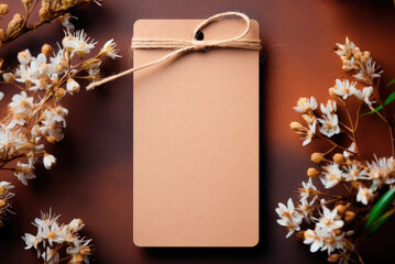 Handmade tag or label on a brown background with flowers
